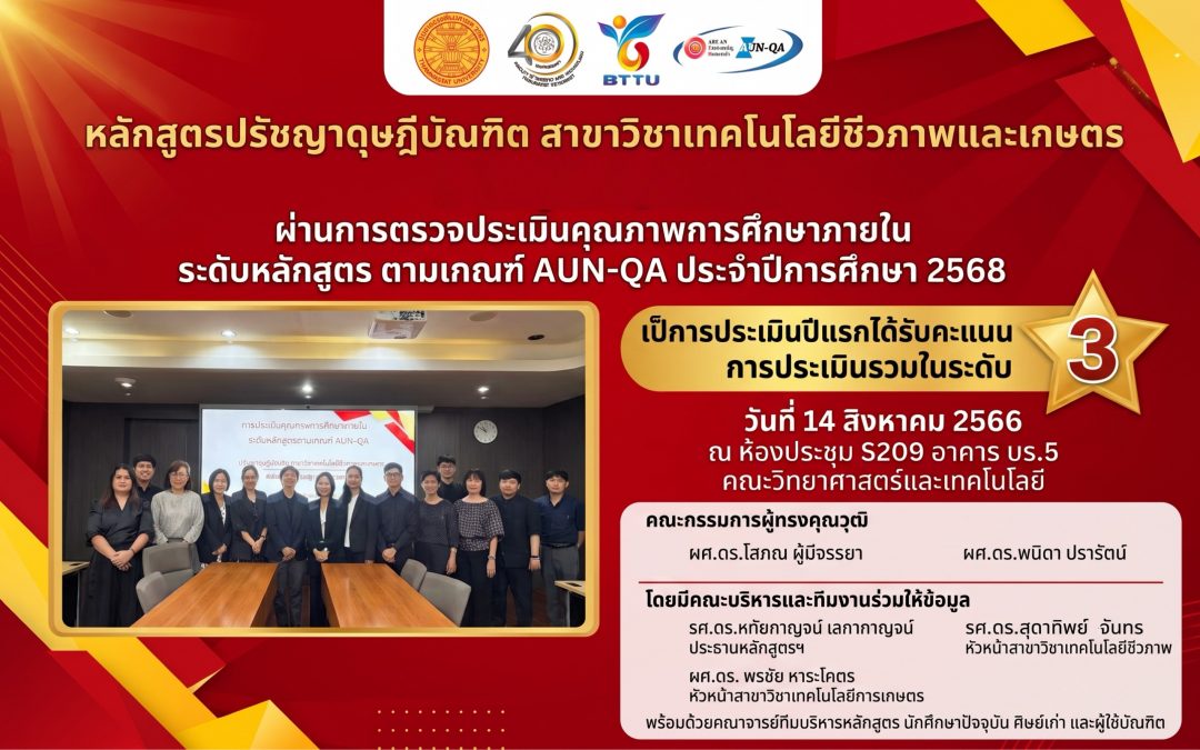 หลักสูตรปรัชญาดุษฎีบัณฑิต สาชาวิชาเทคโนโลยีชีวภาพและเกษตร ผ่านการประเมินคุณภาพการศึกษาภายในตามเกณฑ์ AUN-QA ประจำปีการศึกษา 2568